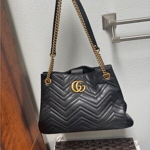 Gucci Black and Gold Chevron Shoulder Bag